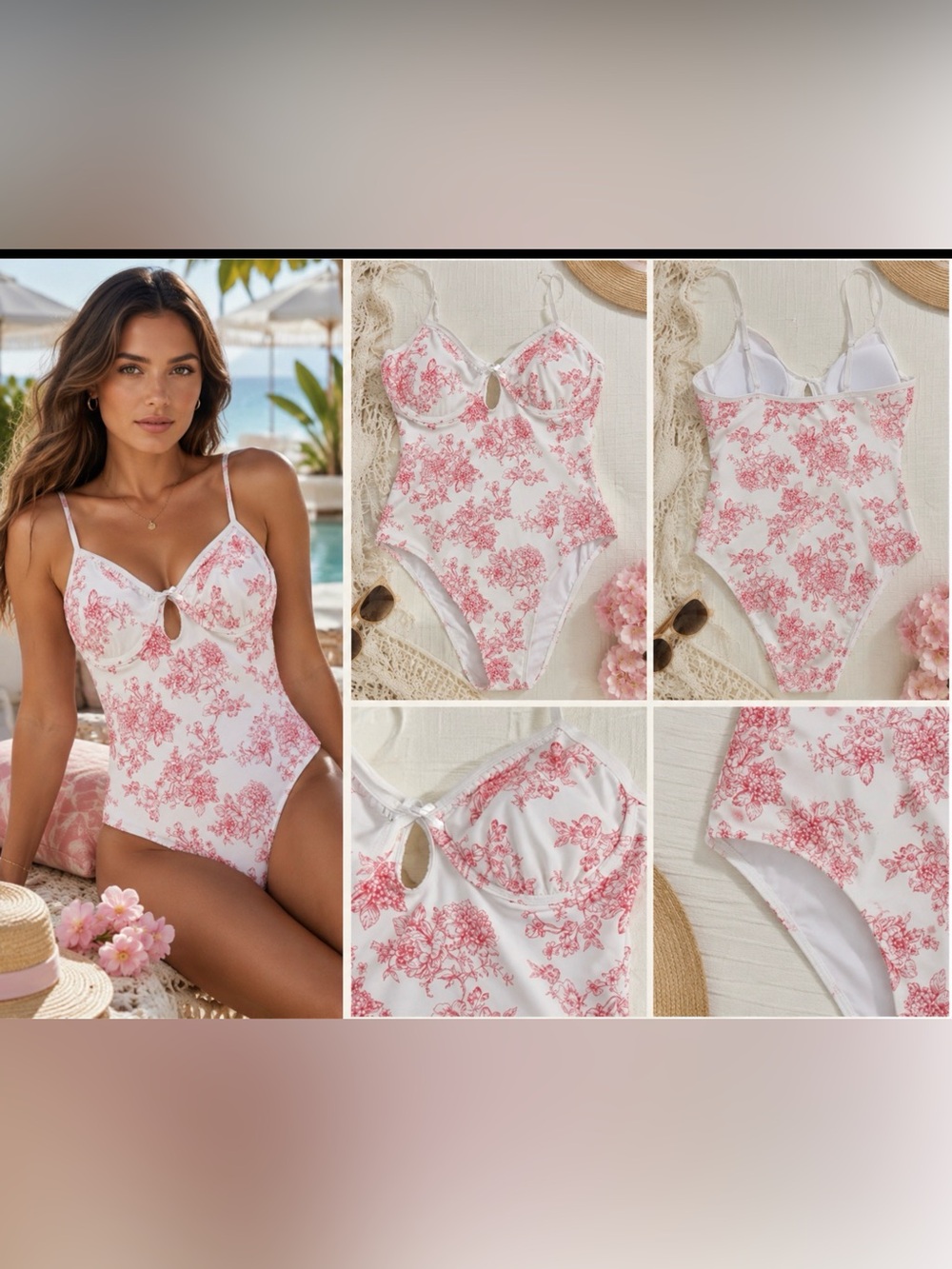 *Coquette-Girl* Sz M White & Pink Floral One-Piece Swimsuit